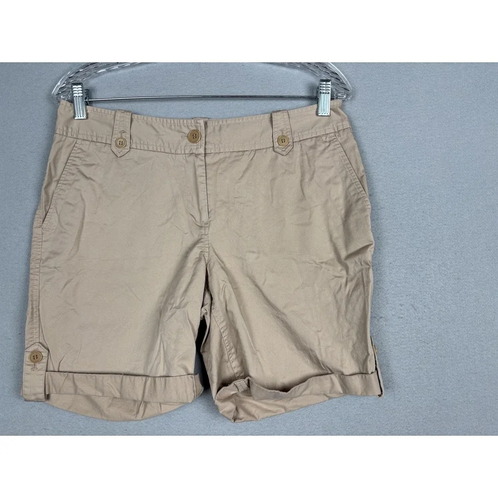 Talbots Shorts Womens 8P Beige Twill Chino Roll Cuff Tab Hem Stretch Casual